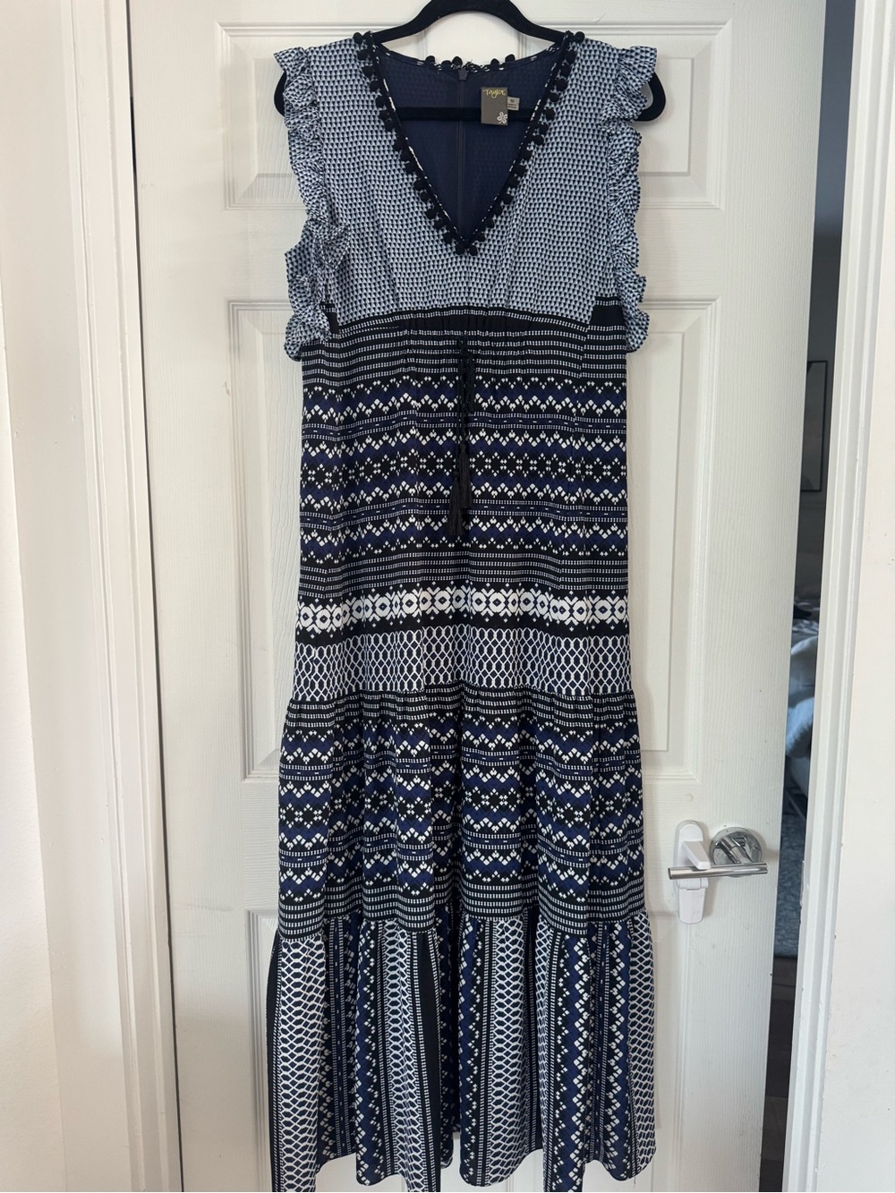 Taylor Navy and White Patterned Ruffled Maxi Dress